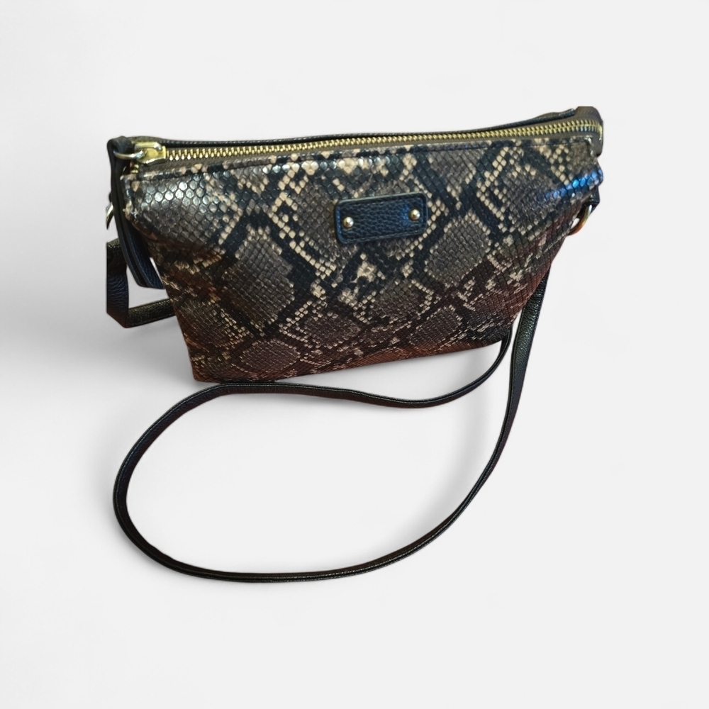 Time & Tru Faux Snakeskin Pattern Crossbody Bag 3 Compartments Zipper Closure - Picture 2 of 12